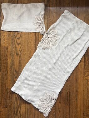 Zara Cream Knit Two-Piece Tube Top and Skirt w Lace Crochet Details
